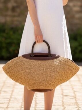 New Cult Gaia Wanda Leather Trim Raffia Tote Bag